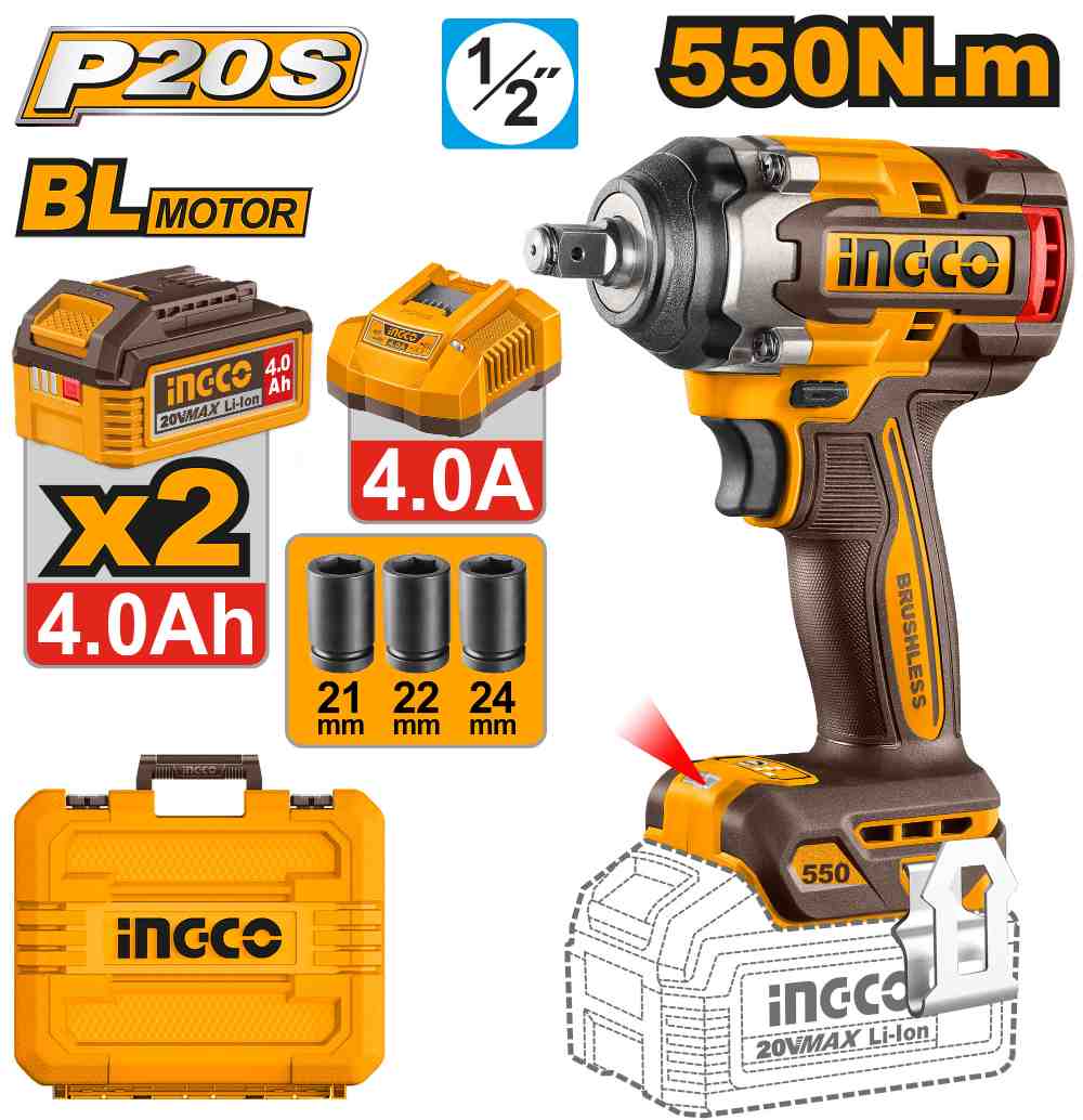 Llave Impacto 20 V 550 Nm 1/2" INGCO